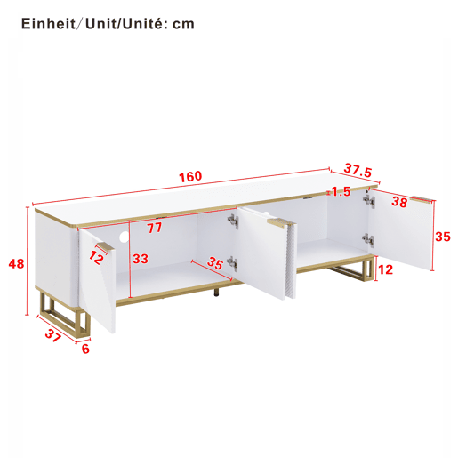 Móvel de TV 160x37,5 cm - 4 portas, textura geométrica, design exclusivo - Branco