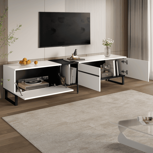 Móvel de TV 180 cm - Minimalista com portas e prateleiras abertas, grande capacidade de armazenamento - Branco