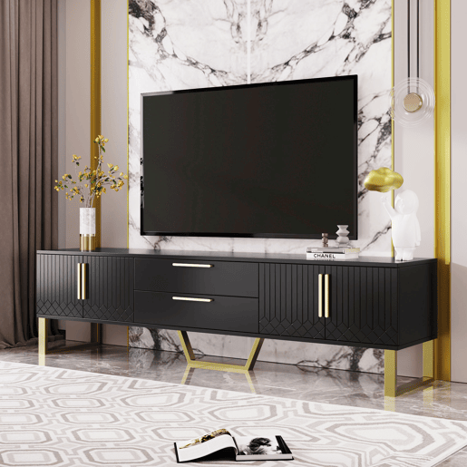 Móvel de TV 170x35x47 cm - alto brilho, puxadores e pés dourados, porta texturizada - Preto Móvel de TV 170x35x47 cm - alto brilho, puxadores e pés dourados, porta texturizada - Preto