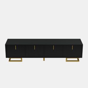 Móvel de TV Lowboard - Portas estruturadas, puxadores e pés dourados - Preto