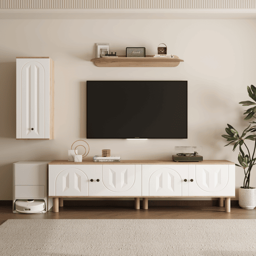 Conjunto de parede de 3 peças - painéis de porta esculpidos, branco e madeira