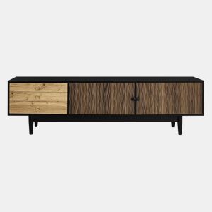 Móvel de TV - Características de portas com design ondulado e 3 gavetas - Preto e Natural