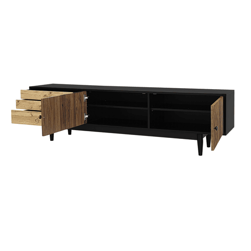 Móvel de TV - Características de portas com design ondulado e 3 gavetas - Preto e Natural