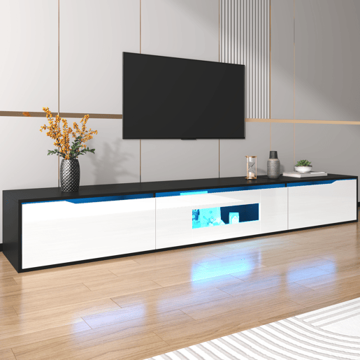 Móvel de TV 180 cm - Moderno com LED, USB e luz mutável - Preto e Branco Móvel de TV 180 cm - Moderno com LED, USB e luz mutável - Preto e Branco