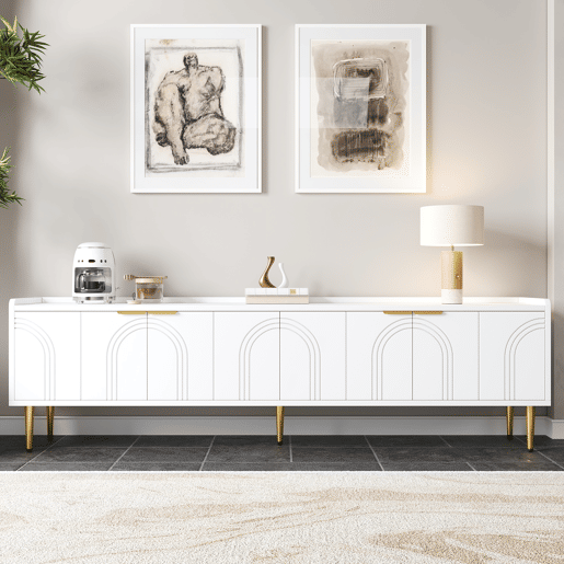 Móvel de TV 170x35x47,5 cm - Lowboard com porta estruturada, puxadores e pés dourados - Branco Móvel de TV 170x35x47,5 cm - Lowboard com porta estruturada, puxadores e pés dourados - Branco