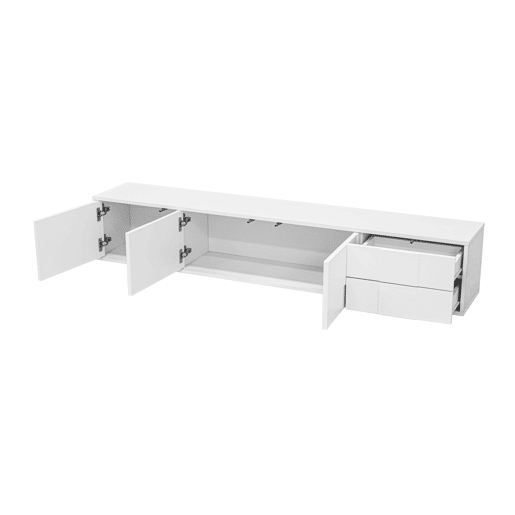 Móvel de TV 170 cm - moderno, suspenso ou de pé, sem puxadores, 3 portas e 2 gavetas - branco brilhante