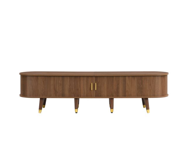 Mueble tv 175 cm - puerta corredera de ratán, diseño en imitación nogal, con almacenamiento - nogal