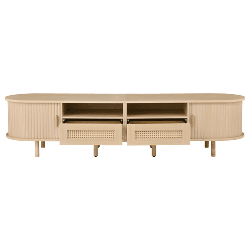 Móvel de TV ovalado 170x40x40 cm - 2 gavetas com design em rattan, 2 portas de correr - Cor carvalho claro