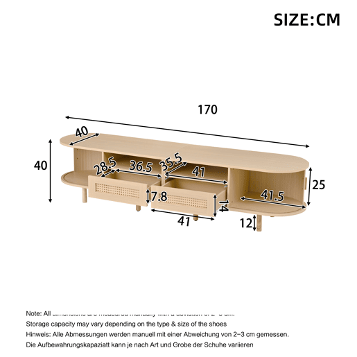 Móvel de TV ovalado 170x40x40 cm - 2 gavetas com design em rattan, 2 portas de correr - Cor carvalho claro