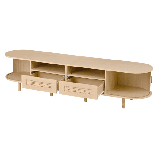 Móvel de TV ovalado 170x40x40 cm - 2 gavetas com design em rattan, 2 portas de correr - Cor carvalho claro