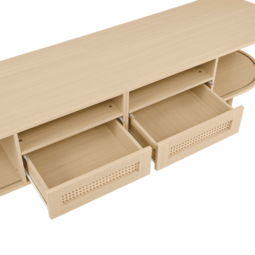 Móvel de TV ovalado 170x40x40 cm - 2 gavetas com design em rattan, 2 portas de correr - Cor carvalho claro