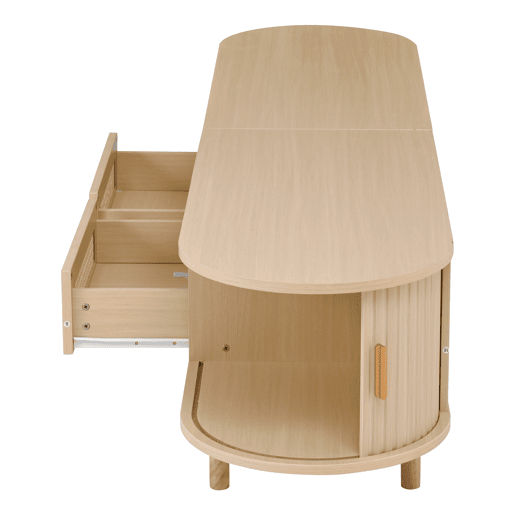 Móvel de TV ovalado 170x40x40 cm - 2 gavetas com design em rattan, 2 portas de correr - Cor carvalho claro