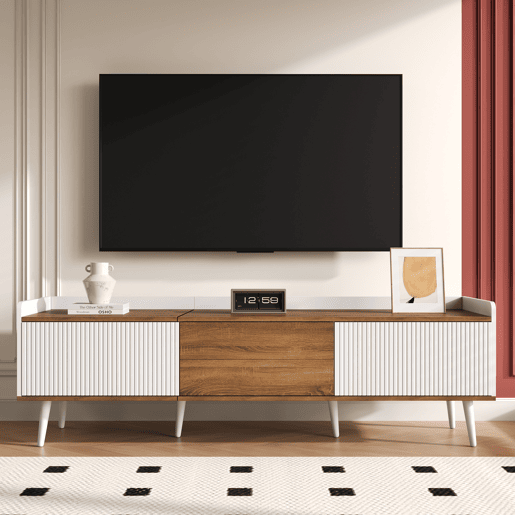 Móvel de TV 160 cm - Compacto, com 3 portas - Branco e natural Móvel de TV 160 cm - Compacto, com 3 portas - Branco e natural