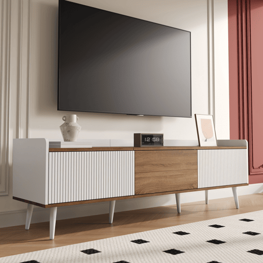 Móvel de TV 160 cm - Compacto, com 3 portas - Branco e natural Móvel de TV 160 cm - Compacto, com 3 portas - Branco e natural