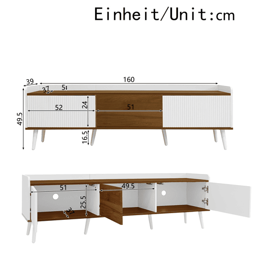 Móvel de TV 160 cm - Compacto, com 3 portas - Branco e natural Móvel de TV 160 cm - Compacto, com 3 portas - Branco e natural