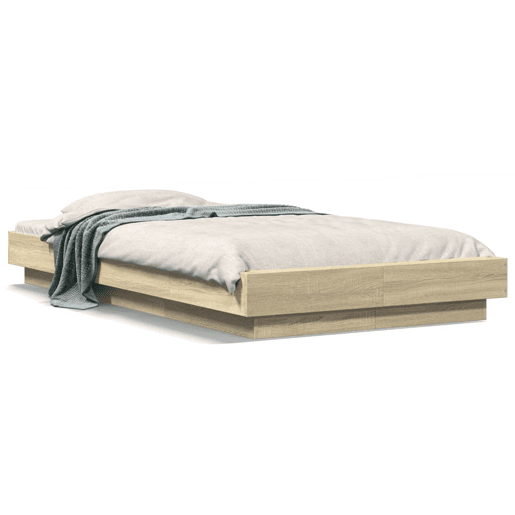 Estrutura de cama de solteiro para adultos c luzes LED derivados madeira carvalho sonoma