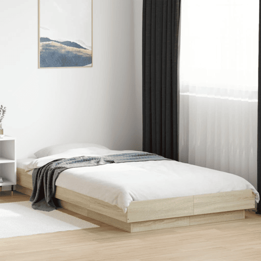 Estrutura de cama de solteiro para adultos c luzes LED derivados madeira carvalho sonoma