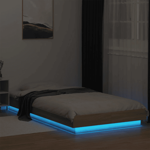 Estrutura de cama de solteiro para adultos c luzes LED derivados madeira carvalho sonoma