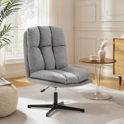 HOMCOM Cadeira de Sala, Cadeira Ergonómica Giratória 360°, Cadeira Relax com Altura Ajustável, Assento Largo, Estofada em Linho, Base Metálica para Sala de Estar ou Quarto, Cinzento Claro