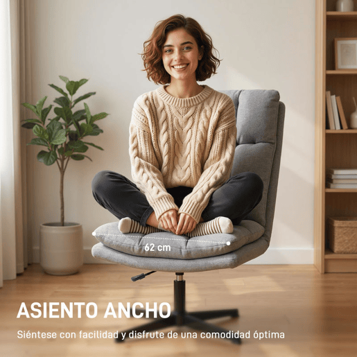 HOMCOM Cadeira de Sala, Cadeira Ergonómica Giratória 360°, Cadeira Relax com Altura Ajustável, Assento Largo, Estofada em Linho, Base Metálica para Sala de Estar ou Quarto, Cinzento Claro