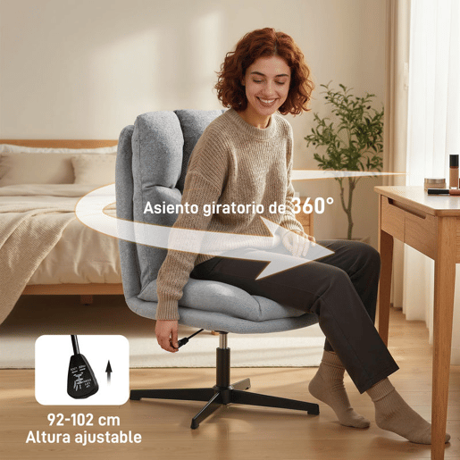 HOMCOM Cadeira de Sala, Cadeira Ergonómica Giratória 360°, Cadeira Relax com Altura Ajustável, Assento Largo, Estofada em Linho, Base Metálica para Sala de Estar ou Quarto, Cinzento Claro