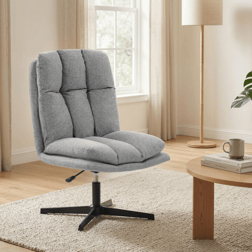 HOMCOM Cadeira de Sala, Cadeira Ergonómica Giratória 360°, Cadeira Relax com Altura Ajustável, Assento Largo, Estofada em Linho, Base Metálica para Sala de Estar ou Quarto, Cinzento Claro