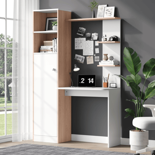 Secretária com arrumação 123,5x45x168,5 cm - Armário inferior com portas e prateleira superior - Branco+Natural