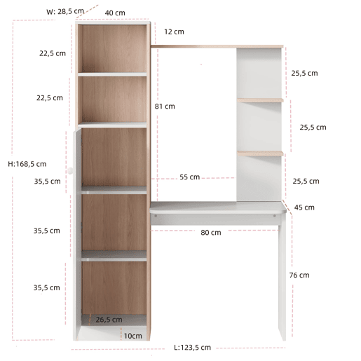 Secretária com arrumação 123,5x45x168,5 cm - Armário inferior com portas e prateleira superior - Branco+Natural