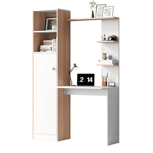 Secretária com arrumação 123,5x45x168,5 cm - Armário inferior com portas e prateleira superior - Branco+Natural