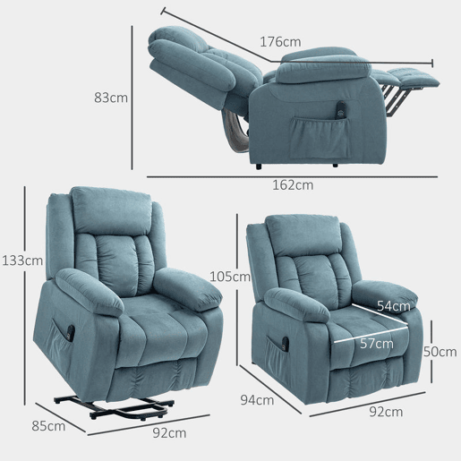 HOMCOM Poltrona Relax Reclinável Elétrica Elevatória com Porta USB Poltrona Elevatória com Controlo Remoto Assento Amplo Apoio para os Pés Estofada em Veludo Bolsos Laterais Azul