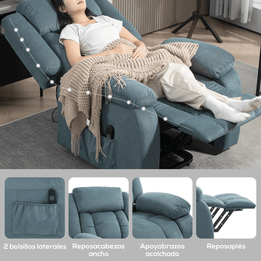 HOMCOM Poltrona Relax Reclinável Elétrica Elevatória com Porta USB Poltrona Elevatória com Controlo Remoto Assento Amplo Apoio para os Pés Estofada em Veludo Bolsos Laterais Azul
