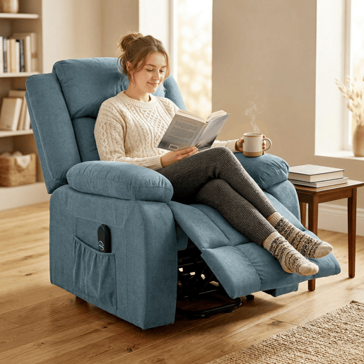 HOMCOM Poltrona Relax Reclinável Elétrica Elevatória com Porta USB Poltrona Elevatória com Controlo Remoto Assento Amplo Apoio para os Pés Estofada em Veludo Bolsos Laterais Azul