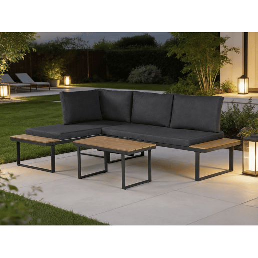 Conjunto de mobiliário de jardim, sofá de canto em imitação de madeira Liora - 4 lugares - Cinzento