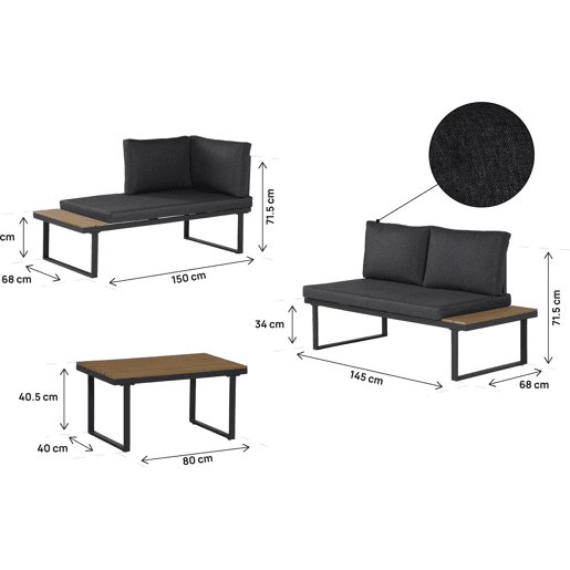 Conjunto de mobiliário de jardim, sofá de canto em imitação de madeira Liora - 4 lugares - Cinzento