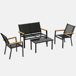 Outsunny Conjunto de Jardim Exterior de 4 Peças Móveis para Jardim com Sofá de 2 Lugares 2 Cadeiras Mesa de Vidro Temperado Tecido Textilene Apoios de Braços Largos Preto