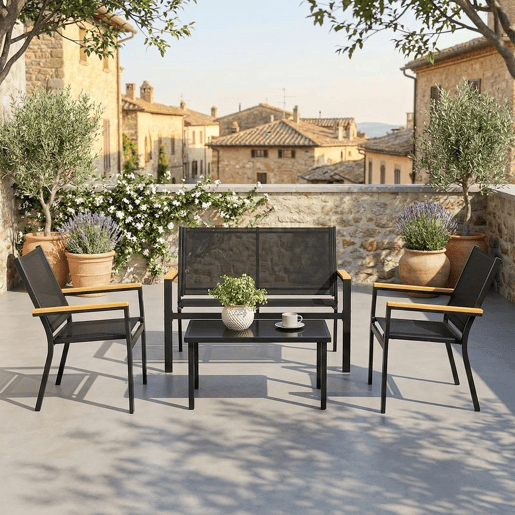Outsunny Conjunto de Jardim Exterior de 4 Peças Móveis para Jardim com Sofá de 2 Lugares 2 Cadeiras Mesa de Vidro Temperado Tecido Textilene Apoios de Braços Largos Preto