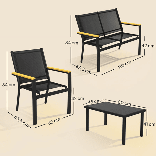 Outsunny Conjunto de Jardim Exterior de 4 Peças Móveis para Jardim com Sofá de 2 Lugares 2 Cadeiras Mesa de Vidro Temperado Tecido Textilene Apoios de Braços Largos Preto