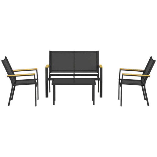 Outsunny Conjunto de Jardim Exterior de 4 Peças Móveis para Jardim com Sofá de 2 Lugares 2 Cadeiras Mesa de Vidro Temperado Tecido Textilene Apoios de Braços Largos Preto