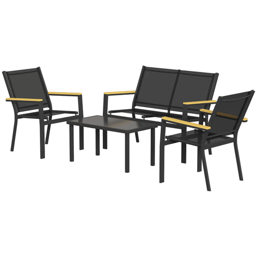 Outsunny Conjunto de Jardim Exterior de 4 Peças Móveis para Jardim com Sofá de 2 Lugares 2 Cadeiras Mesa de Vidro Temperado Tecido Textilene Apoios de Braços Largos Preto