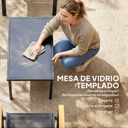 Outsunny Conjunto de Jardim Exterior de 4 Peças Móveis para Jardim com Sofá de 2 Lugares 2 Cadeiras Mesa de Vidro Temperado Tecido Textilene Apoios de Braços Largos Preto