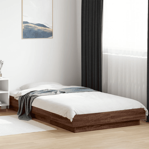 Estrutura de cama de solteiro para adultos c luzes LED derivados madeira carvalho castanho