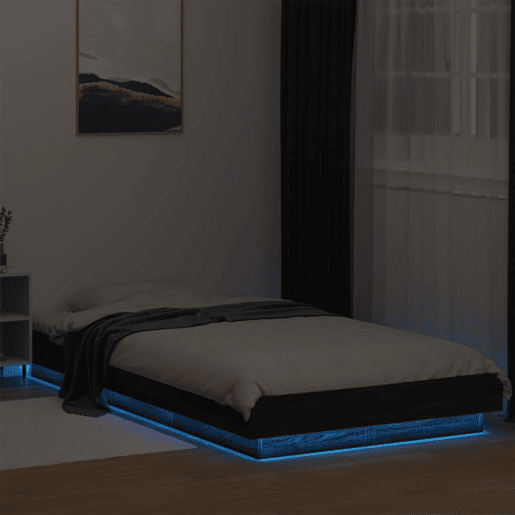 Estrutura de cama de solteiro para adultos c luzes LED derivados madeira carvalho castanho