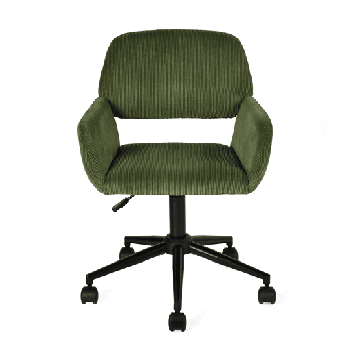 Cadeira De Escritório Estofada Em Veludo Canelado Verde Com Altura Ajustável E Rotação 360 Graus, Design Moderno E Confortável Com Rodas Silenciosas E Base Metálica Preta