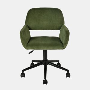 Cadeira De Escritório Estofada Em Veludo Canelado Verde Com Altura Ajustável E Rotação 360 Graus, Design Moderno E Confortável Com Rodas Silenciosas E Base Metálica Preta