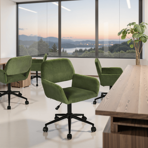 Cadeira De Escritório Estofada Em Veludo Canelado Verde Com Altura Ajustável E Rotação 360 Graus, Design Moderno E Confortável Com Rodas Silenciosas E Base Metálica Preta