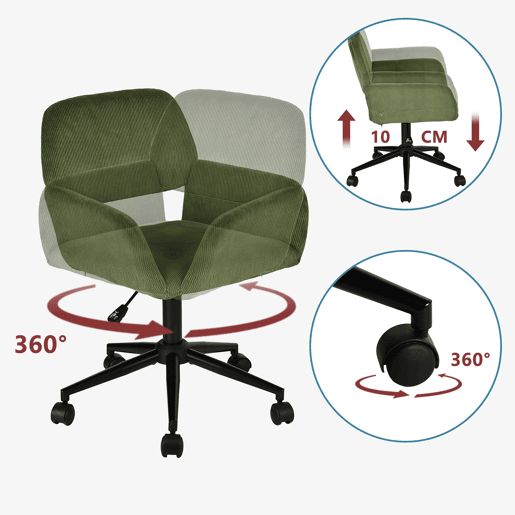 Cadeira De Escritório Estofada Em Veludo Canelado Verde Com Altura Ajustável E Rotação 360 Graus, Design Moderno E Confortável Com Rodas Silenciosas E Base Metálica Preta