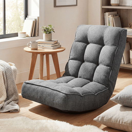 HOMCOM Cadeira de Chão Dobrável Giratória 360° com Encosto Ajustável em 5 Posições, Sofá de Chão em Linho Acolchoado para Meditação e Gaming, 58x107x79 cm, Cinzento