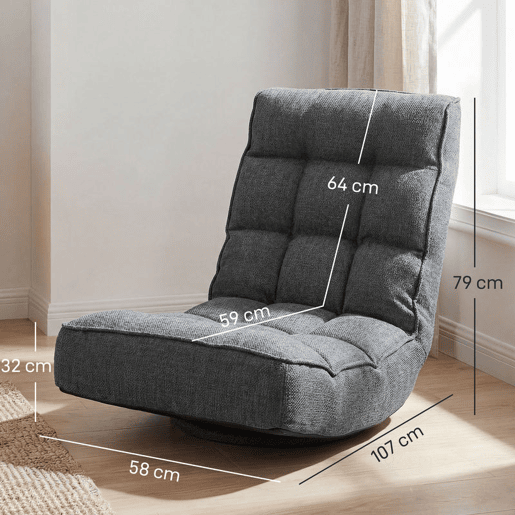 HOMCOM Cadeira de Chão Dobrável Giratória 360° com Encosto Ajustável em 5 Posições, Sofá de Chão em Linho Acolchoado para Meditação e Gaming, 58x107x79 cm, Cinzento
