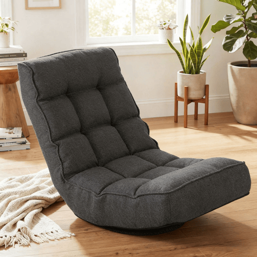 HOMCOM Cadeira de Chão Dobrável Giratória 360° com Encosto Ajustável em 5 Posições, Sofá de Chão em Linho Acolchoado para Meditação e Gaming, 58x107x79 cm, Cinzento