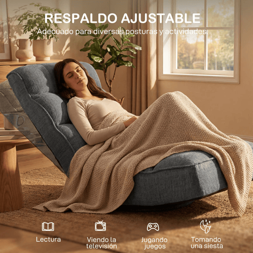 HOMCOM Cadeira de Chão Dobrável Giratória 360° com Encosto Ajustável em 5 Posições, Sofá de Chão em Linho Acolchoado para Meditação e Gaming, 58x107x79 cm, Cinzento